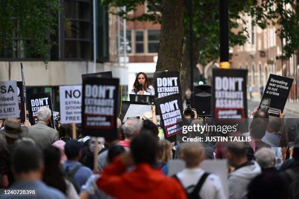 Stella Assange, wife of WikiLeaks founder Julian Assange, delivers a speech in front of the Home Office building, in London, on May 17 during a...