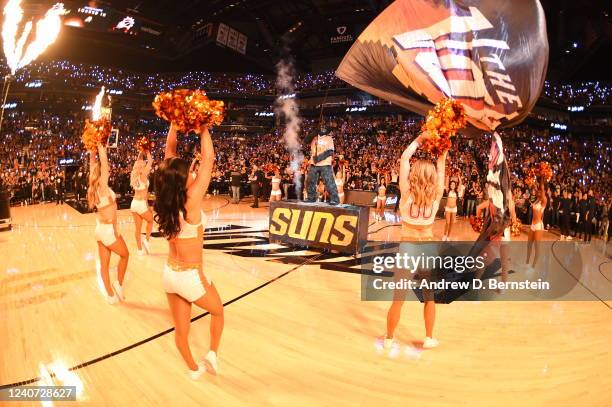 The Suns Gorilla and the Phoenix Suns Dance Team perform during Game 7 of the 2022 NBA Playoffs Western Conference Semifinals on May 15, 2022 at...