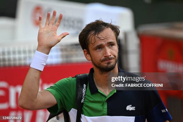 Russia's Daniil Medvedev waves as he leaves the court after being defeated by France's Richard Gasquet at the ATP 250 Geneva Open tennis tournament...