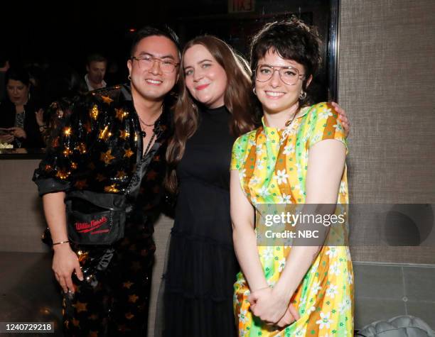 S Party at THE POOL Celebrating NBC's New Season -- Pictured: Bowen Yang, Aidy Bryant, Sarah Sherman, Saturday Night Live on NBC