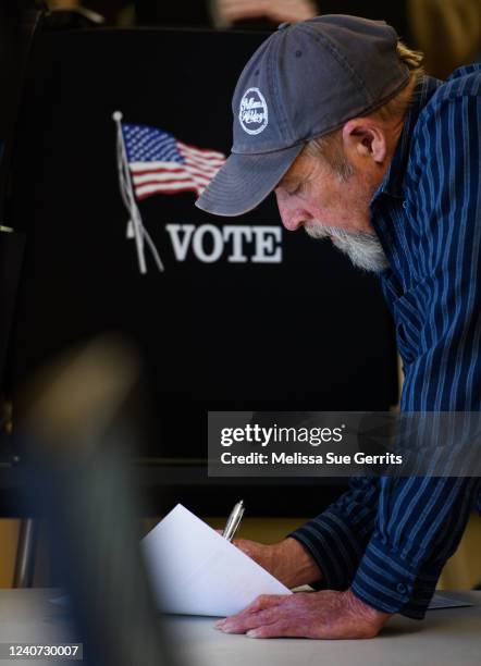 People vote during Primary day on May 17, 2022 in Belews Creek, North Carolina. Residents are voting for who they want to replace retiring Sen....