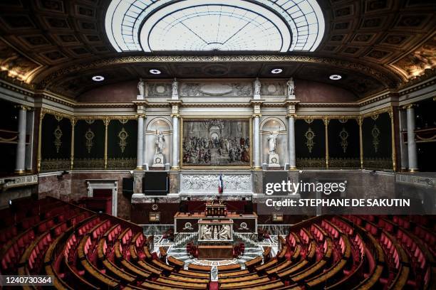 Photograph taken on May 17, 2022 shows a general view of the hemicycle of the French National Assembly in Paris.