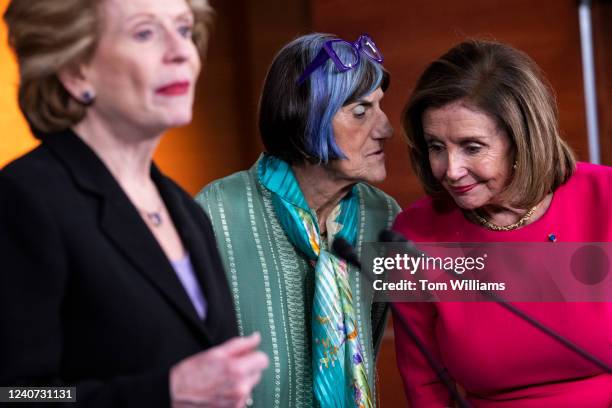 From left, Sen. Debbie Stabenow, D-Mich., Rep. Rosa DeLauro, D-Conn., and Speaker of the House Nancy Pelosi, D-Calif., conduct a news conference in...