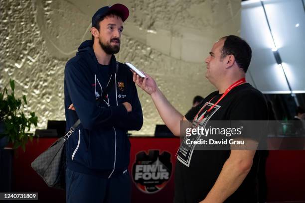 Sertac Sanli, #5 of FC Barcelona is interviewed by press the during the 2022 Turkish Airlines EuroLeague Final Four Belgrade FC Barcelona Arrival at...