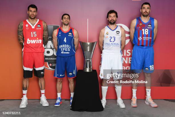 Georgios Printezis, #15 of Olympiacos Piraeus; Dogus Balbay, #4 of Anadolu Efes Istanbul; Sergio Llull, #23 of Real Madrid and Pierre Oriola, #18 of...