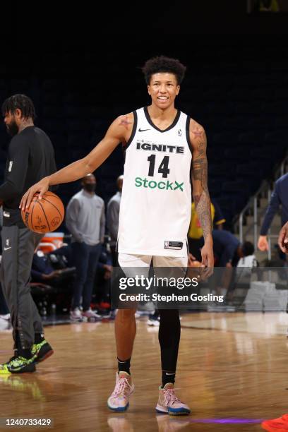 MarJon Beauchamp of the G League Ignite warms up before the game against the Capital City Go-Go on January 26, 2022 at Entertainment and Sports Arena...
