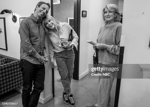 Episode 1294 -- Pictured: Host Seth Meyers, Chelsea Handler and Martha Stewart backstage on May 17, 2022 --