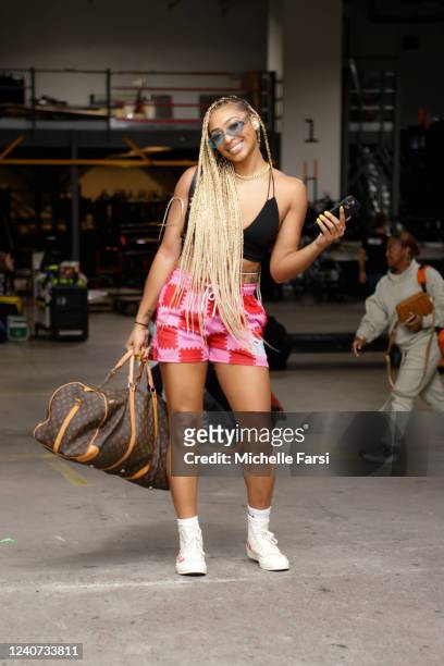 DiJonai Carrington of the Connecticut Sun arrives to the arena before the game against the New York Liberty on May 17, 2022 at at Barclays Center in...