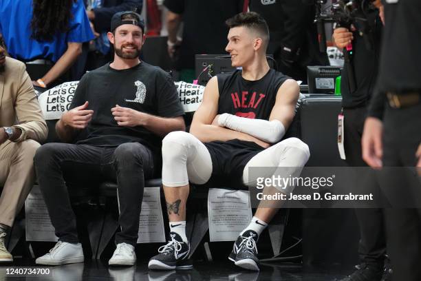 Skills Coach, Drew Hanlen and Tyler Herro of the Miami Heat talk before Game 1 of the 2022 NBA Playoffs Eastern Conference Finals on May 17, 2022 at...