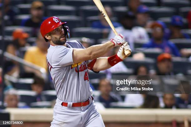 Paul Goldschmidt of the St. Louis Cardinals hits a RBI double in the fifth inning against the New York Mets at Citi Field on May 17, 2022 in New York...