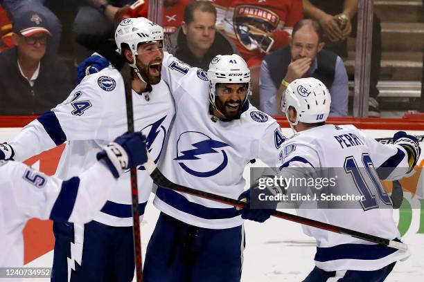 Pierre-Edouard Bellemare of the Tampa Bay Lightning celebrates his goal with teammates during the third period against the Florida Panthers in Game...