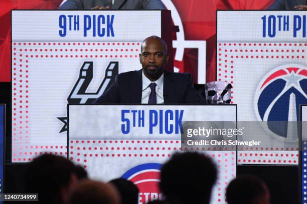 Former player, Richard Hamilton smiles as the Detroit Pistons are picked 5th overall for the NBA Draft during the 2022 NBA Draft Lottery at McCormick...