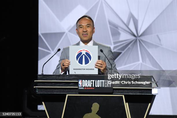 Deputy Commissioner of the NBA, Mark Tatum announces the Washington Wizards as the 10th overall pick for the NBA Draft during the 2022 NBA Draft...