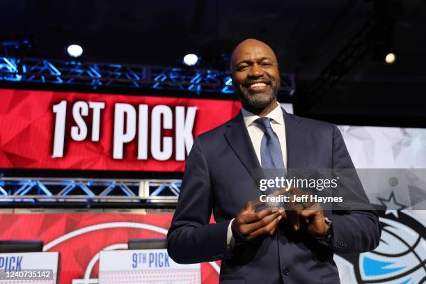Head Coach Jamahl Mosley of the Orland Magic smiles after they get the 1st overall pick in the NBA Draft during the 2022 NBA Draft Lottery at...