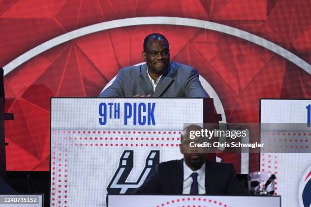 Former player, David Robinson smiles as the San Antonio Spurs are picked 9th overall for the NBA Draft during the 2022 NBA Draft Lottery at McCormick...