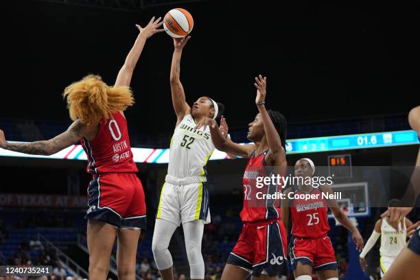 Tyasha Harris of the Dallas Wings shoots the ball against the Washington Mystics on May 17, 2022 at College Park Center in Arlington, TX. NOTE TO...