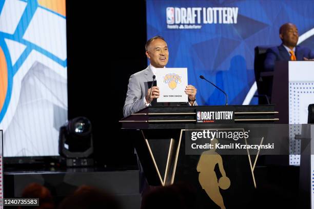 Deputy Commissioner of the NBA, Mark Tatum announces the New York Knicks as the 11th overall pick for the NBA Draft during the 2022 NBA Draft Lottery...