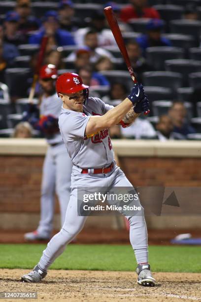 Tyler O'Neill of the St. Louis Cardinals hits a RBI infield single in the ninth inning against the New York Mets at Citi Field on May 17, 2022 in New...