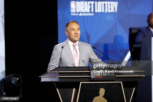 Deputy Commissioner of the NBA, Mark Tatum announces the results during the 2022 NBA Draft Lottery at McCormick Place on May 17, 2022 in Chicago,...