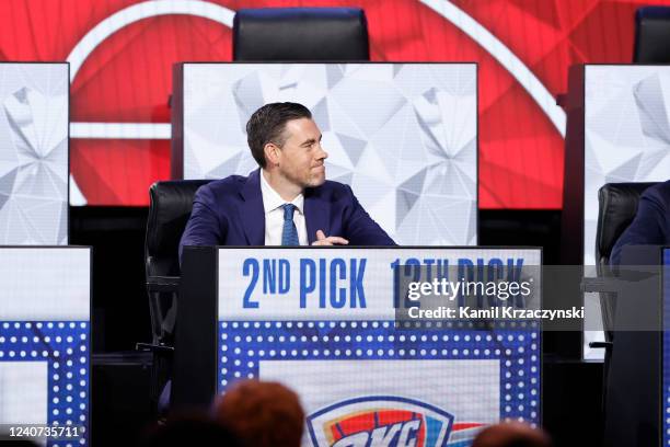 Former player, Nick Collison smiles as the Oklahoma City Thunder is picked 2nd and 12th overall in the NBA Draft during the 2022 NBA Draft Lottery at...