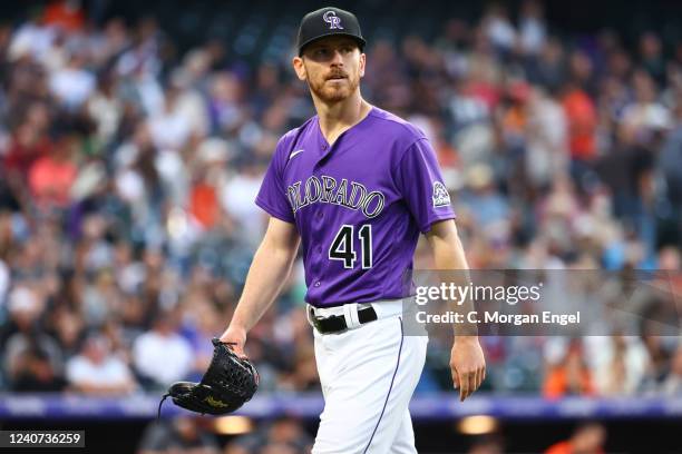 Chad Kuhl of the Colorado Rockies. Walks toward the dug out after the third inning against the San Francisco Giants at Coors Field on May 17, 2022 in...