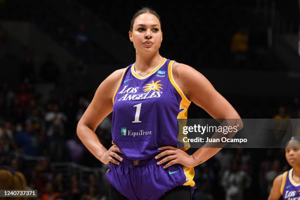 Liz Cambage of the Los Angeles Sparks looks on during the game against the Minnesota Lynx on May 17, 2022 at Crypto.Com Arena in Los Angeles,...