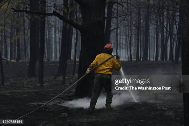 Firefighter works on putting out a hotspot from a wildfire on Friday May 13, 2022 in Mora, NM. The Calf Canyon and Hermits Peak fires have been...