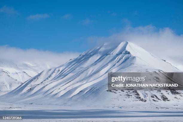 Picture taken on May 4 shows a view of mountains near Longyearbyen, located on Spitsbergen island, in Svalbard Archipelago, northern Norway.