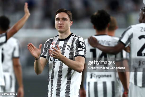 Federico Chiesa of Juventus Fc greets the fans at the end of the Serie A match between Juventus Fc and Ss Lazio. The match ends in a draw 2-2.