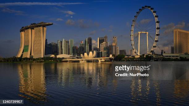 General view of the Marina Bay Sands, the ArtScience Museum, the Singapore Flyer and the central business district on May 18, 2022 in Singapore.