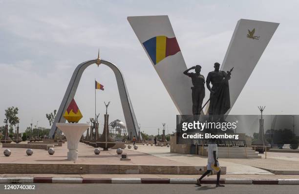 Pedestrian passes by the Place de La Nation monument in N'Djamena, Chad, on Tuesday, May 10, 2022. Last year, Chad became the first country to...