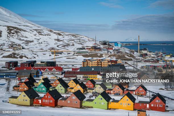 Picture taken on May 6, 2022 shows general view of Longyearbyen, located on Spitsbergen island, in Svalbard Archipelago, northern Norway.