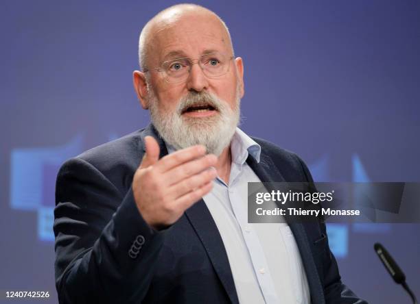 European Green Deal Commissioner Frans Timmermans talks to media on May 18, 2022 in Brussels, Belgium. Today, the European Commission has presented...