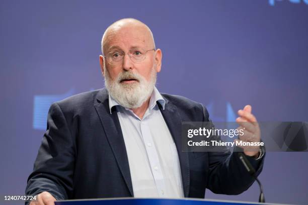 European Green Deal Commissioner Frans Timmermans talks to media on May 18, 2022 in Brussels, Belgium. Today, the European Commission has presented...