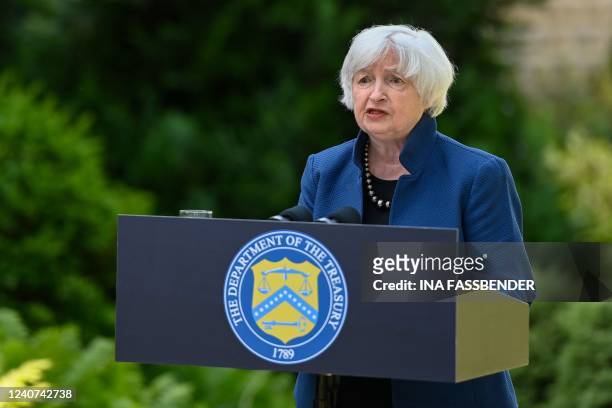 Treasury Secretary Janet Yellen speaks to journalists on the sidelines of a meeting of finance ministers and central bankers from the Group of Seven...