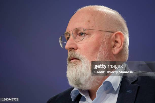 European Green Deal Commissioner Frans Timmermans talks to media on May 18, 2022 in Brussels, Belgium. Today, the European Commission has presented...