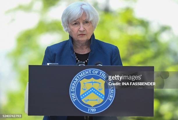 Treasury Secretary Janet Yellen speaks to journalists on the sidelines of a meeting of finance ministers and central bankers from the Group of Seven...