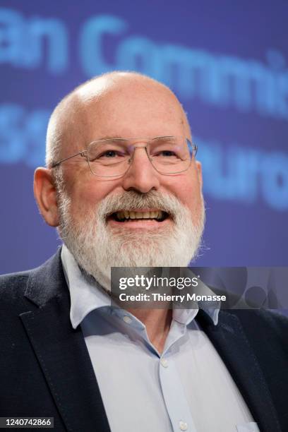European Green Deal Commissioner Frans Timmermans talks to media on May 18, 2022 in Brussels, Belgium. Today, the European Commission has presented...
