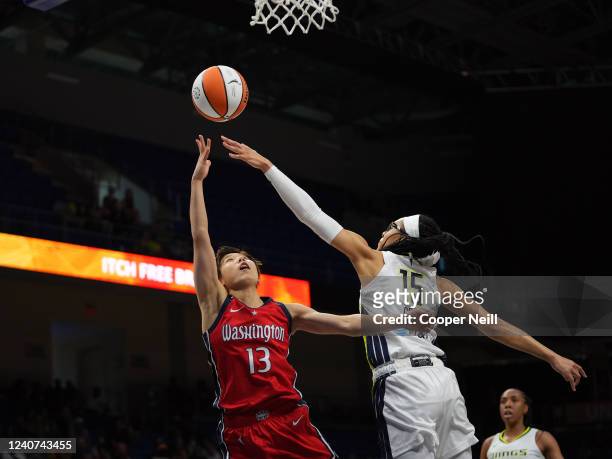 Rui Machida of the Washington Mystics shoots the ball against the Dallas Wings on May 17, 2022 at College Park Center in Arlington, TX. NOTE TO USER:...