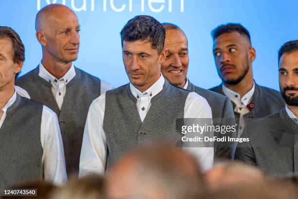 Robert Lewandowski of Bayern Muenchen looks on during the official Bundesliga championship celebration at the town hall on May 15, 2022 in Munich,...