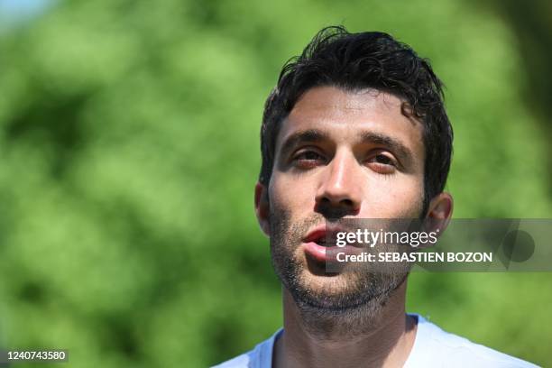 Groupama-FDJ's French rider Thibaut Pinot speaks after a training session at La planche des belles filles, in Plancher-les-Mines, eastern France on...