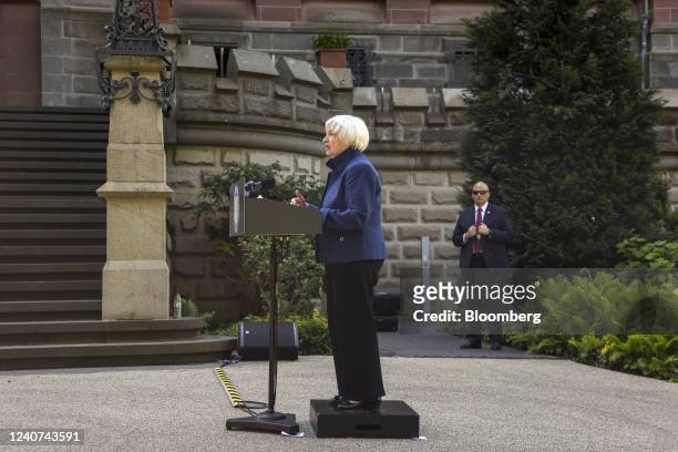 Janet Yellen, US Treasury secretary, during a news conference on the sidelines of the G7 meeting of finance ministers and central bank governors, in...