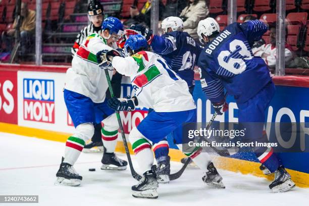 Louis Boudon of France against Alex Petan of Italy during the 2022 IIHF Ice Hockey World Championship match between France and Italy at Helsinki Ice...