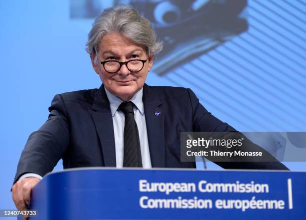 Commissioner for Internal Market Thierry Breton talks to the media on May 18, 2022 in Brussels, Belgium. Today, in response to the European Council...