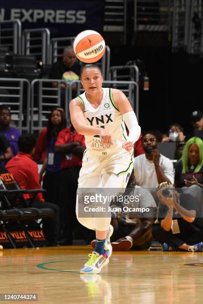 Kayla McBride of the Minnesota Lynx passes the ball during the game against the Los Angeles Sparks on May 17, 2022 at Crypto.Com Arena in Los...