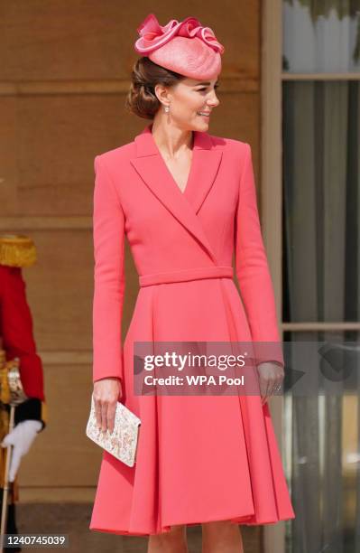 Catherine, Duchess of Cambridge attends as the Earl Of Wessex hosts the Queen's Garden Party at Buckingham Palace on May 18, 2022 in London, England.