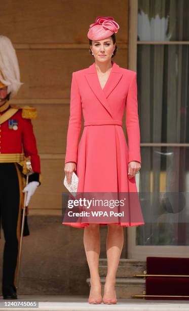 Catherine, Duchess of Cambridge attends as the Earl Of Wessex hosts the Queen's Garden Party at Buckingham Palace on May 18, 2022 in London, England.