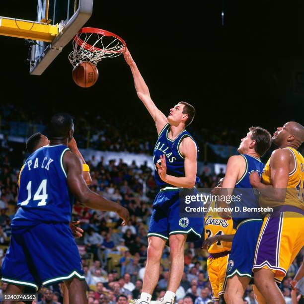 Martin Muursepp of the Dallas Mavericks drives to the basket against the Los Angeles Lakers on April 6, 1997 at the Great Western Forum in Inglewood,...