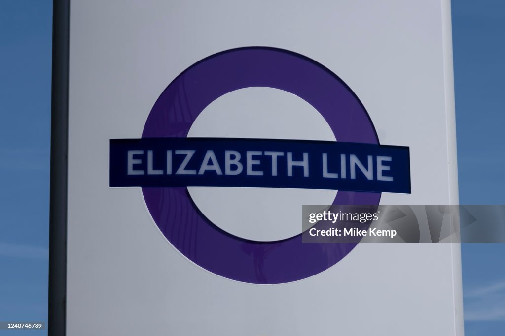 Elizabeth Train Sign Sign outside Stratford station for the Elizabeth Line on 18th May ...
