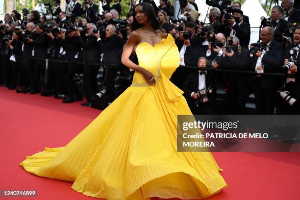 Model Jasmine Tookes arrives for the screening of the film "Top Gun : Maverick" during the 75th edition of the Cannes Film Festival in Cannes,...